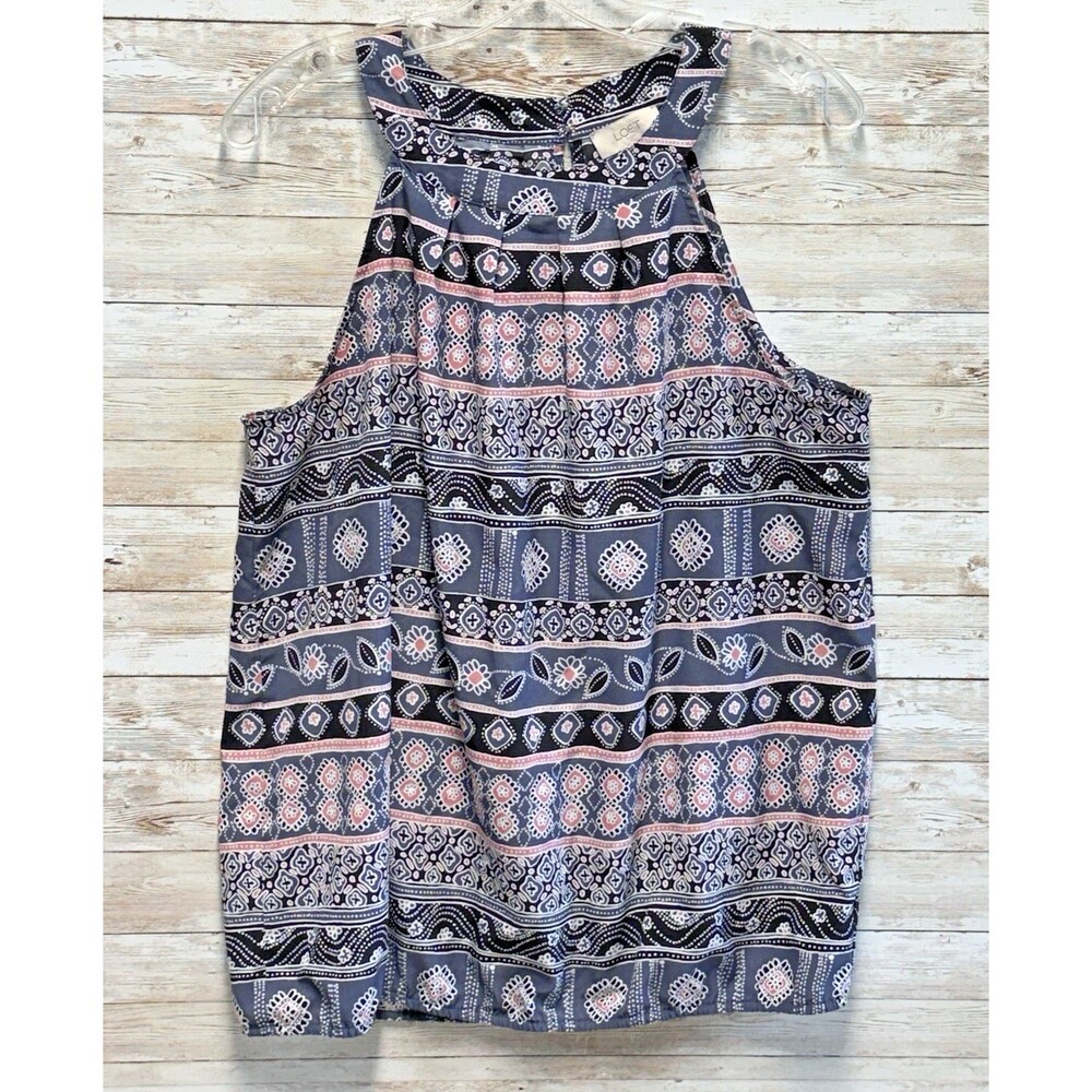 LOFT Outlet L Sleeveless Print Top Blouse Blue White Pink Elastic Hem